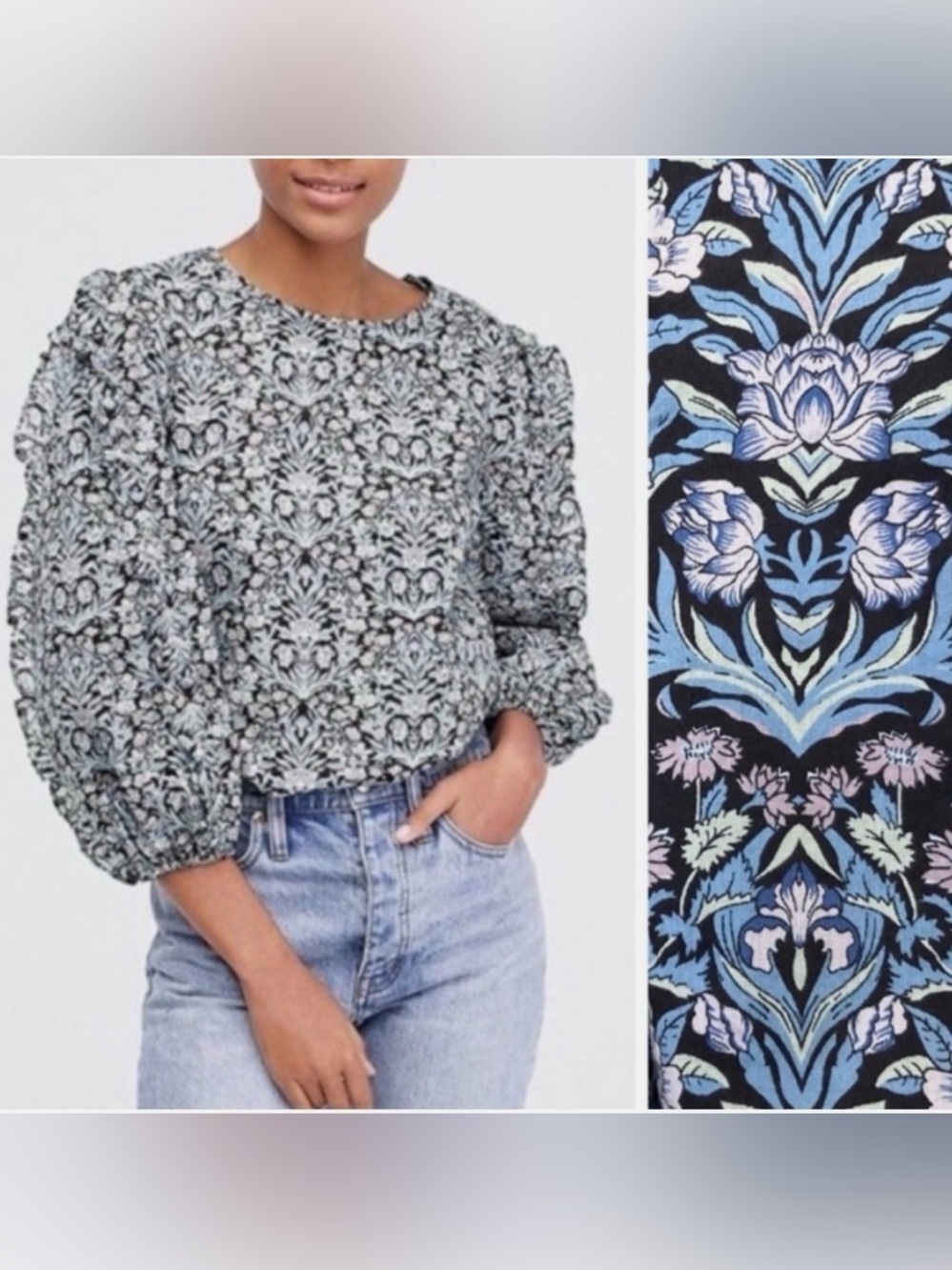 J Crew Liberty Print Blouse Size Small Navy Floral Ruffle Puff Sleeve Preppy